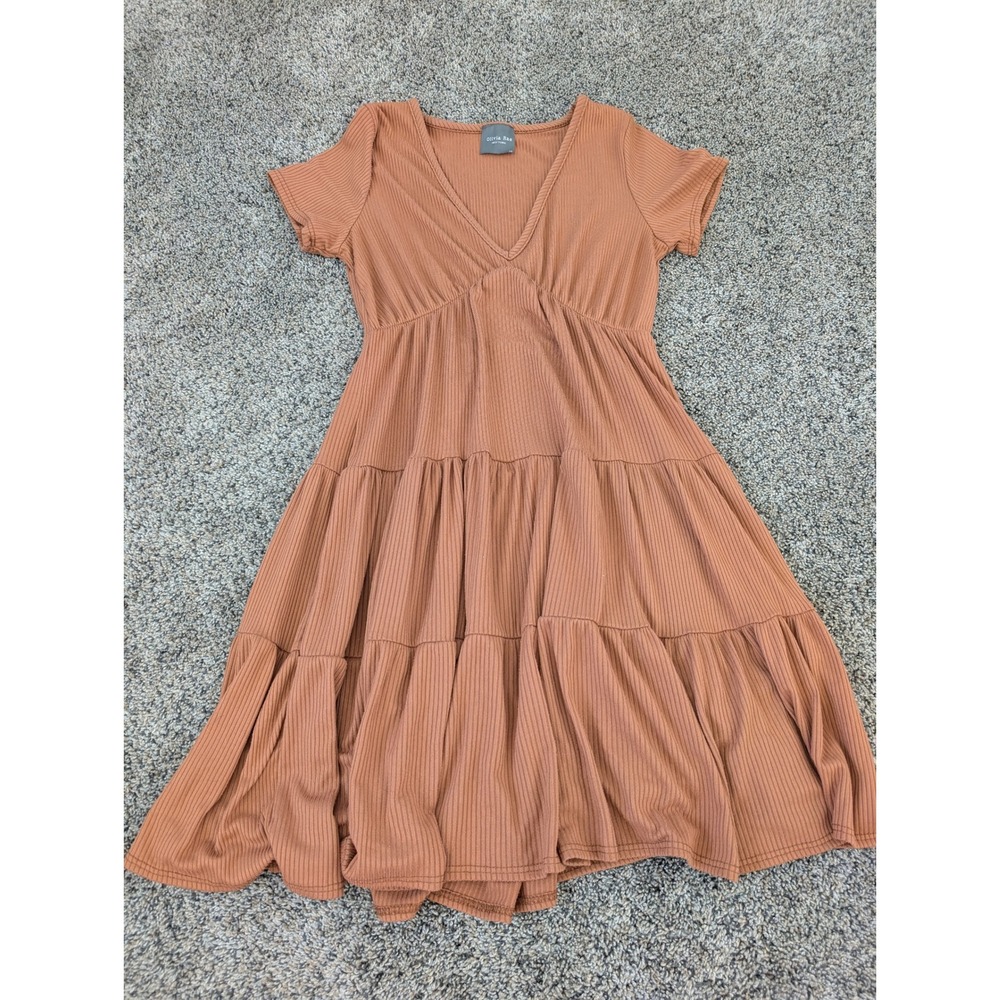 Olivia Rae Womens Ribbed‎ Tiered Babydoll Dress Terracotta Brown V-Neck XS